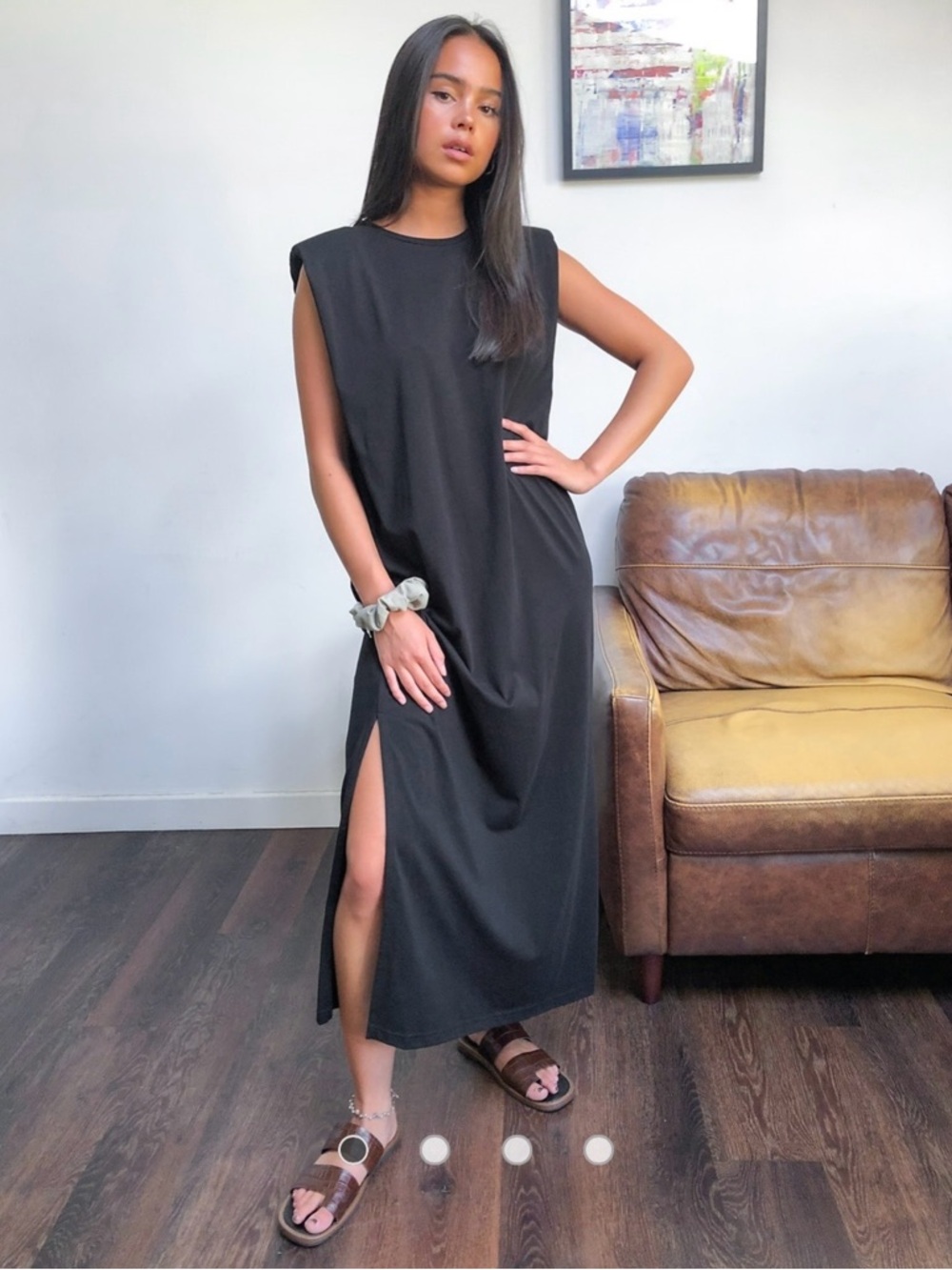 WEEKDAY NWT Kai Jersey Dress Midi Black Organic Cotton Shoulder Pads Small